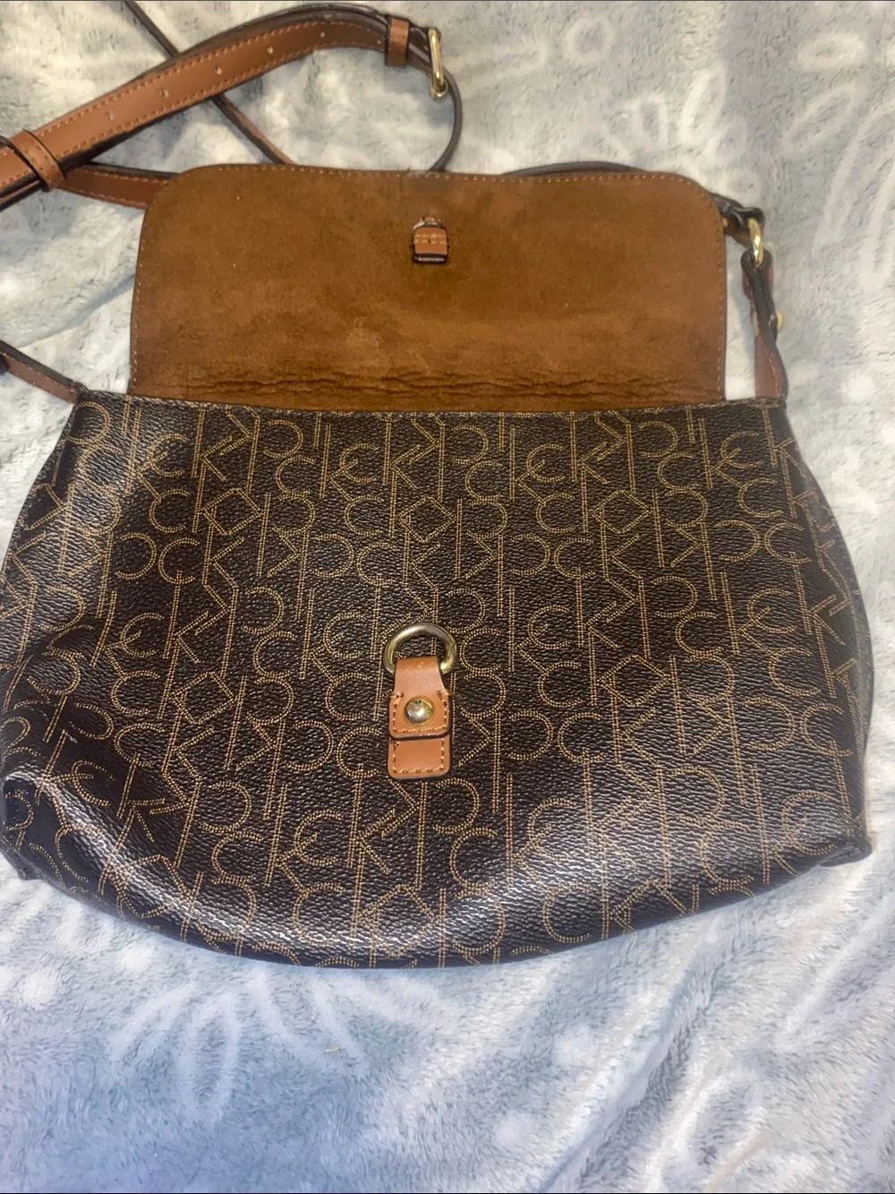 Calvin Klein Brown Monogram Crossbody Bag with Tan Leather Strap